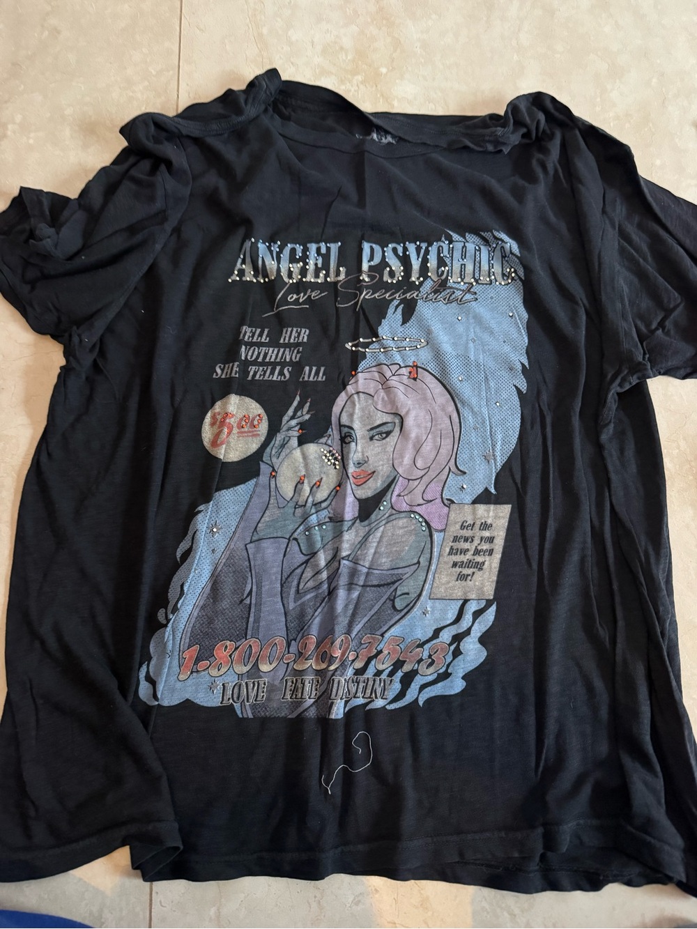 Boys Lie Black Angel Psychic Graphic Tee with Blue and Pink Print